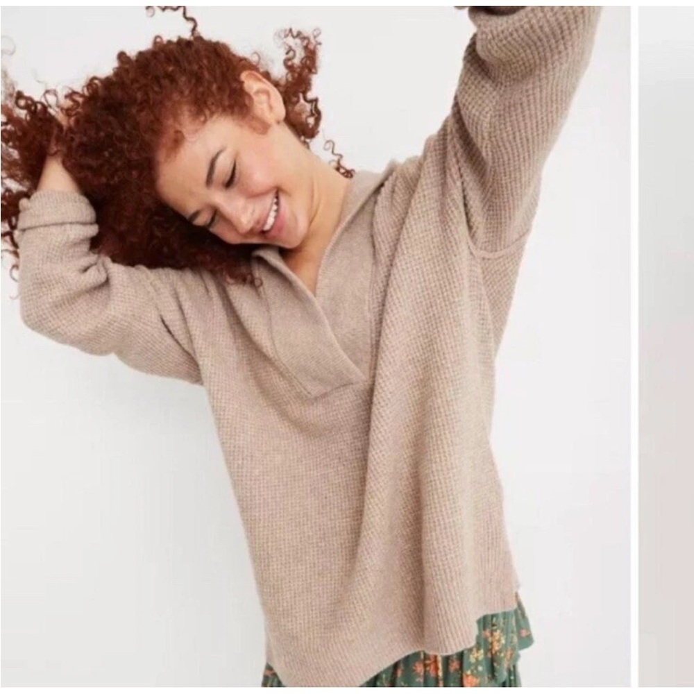 Aerie Tan Cozy Up Waffle V-Neck Hooded Sweater Size S